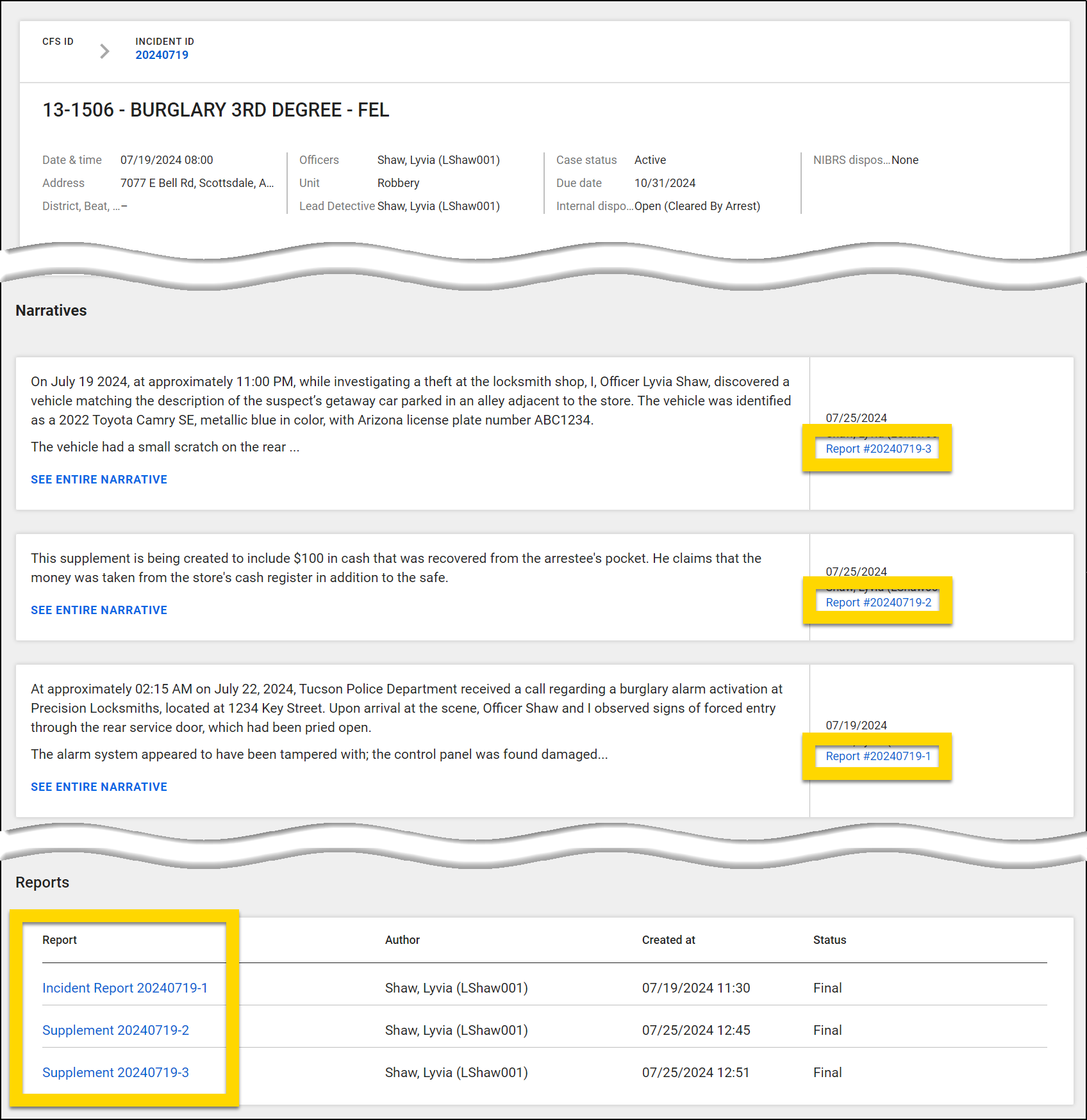 Shows the indications of a supplement report.