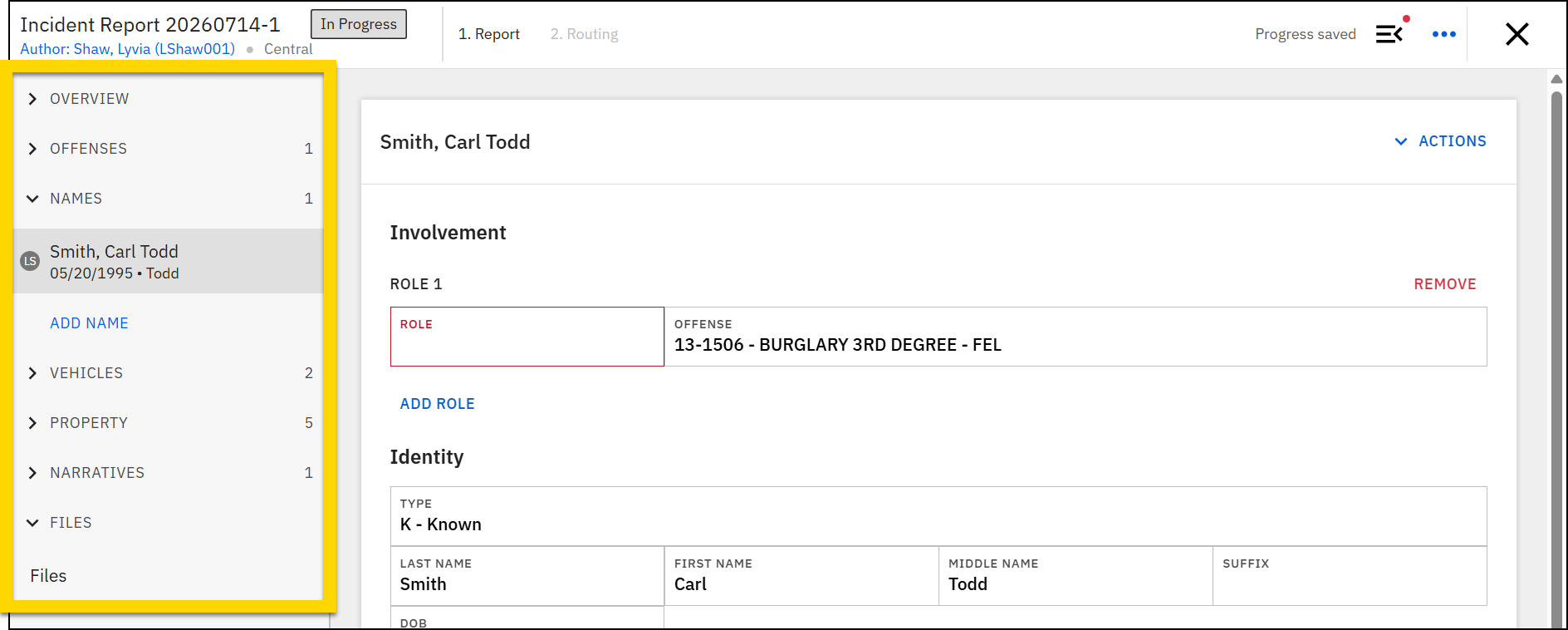 Screenshot showing the Names section with the Add Name button and a list of names.
