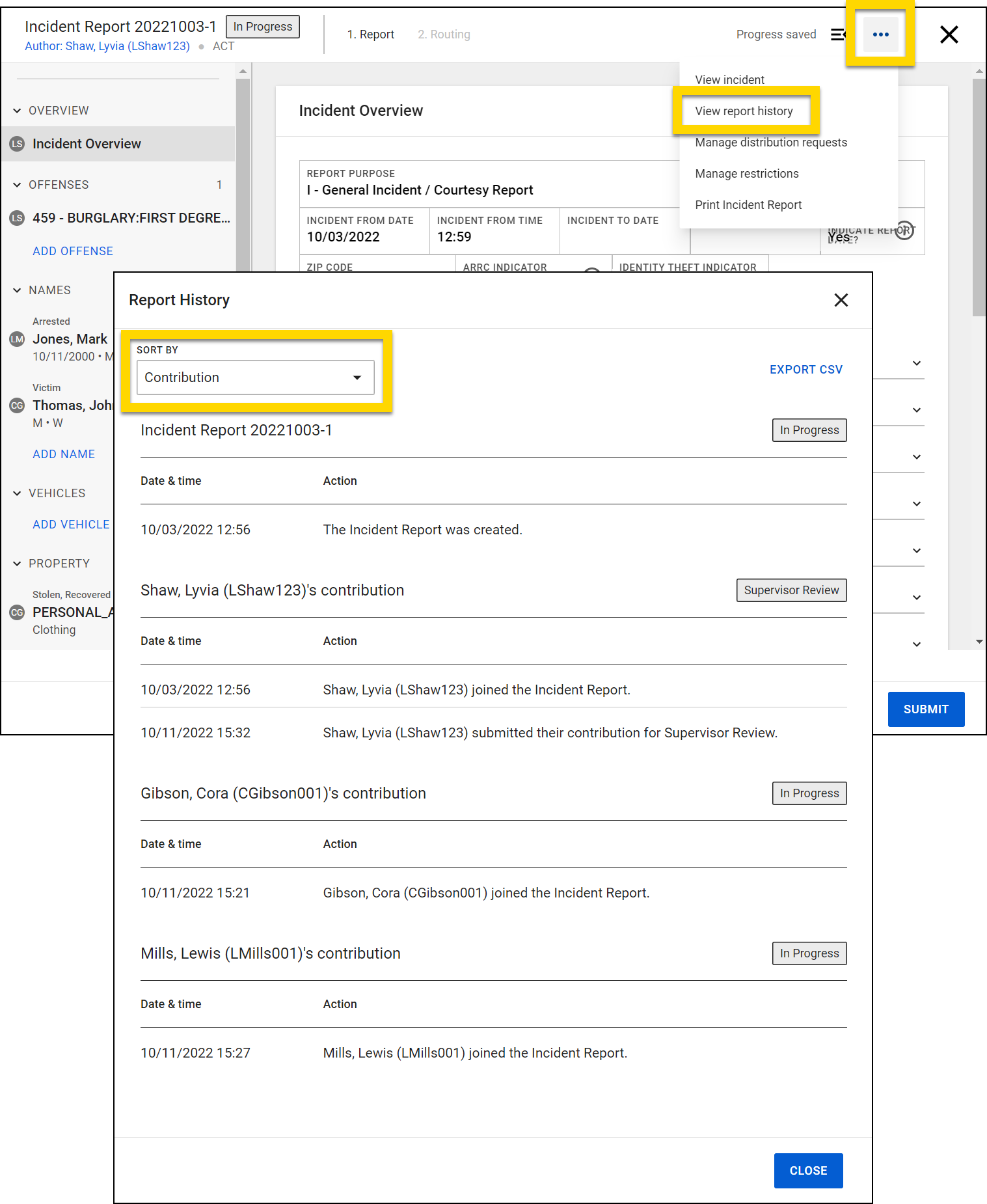 Shows how to view the contribution history for a report.
