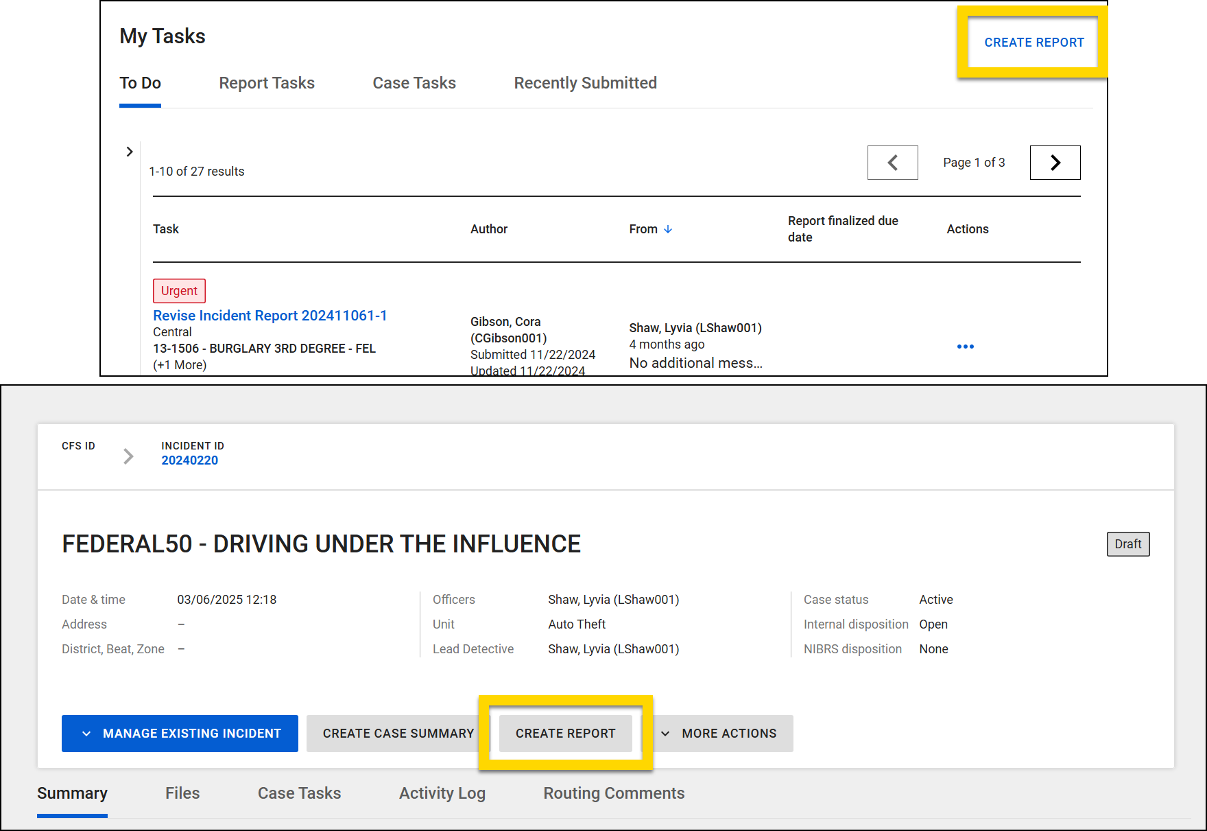 The image shows two parts of Axon Records with the Create Report button highlighted in each.
