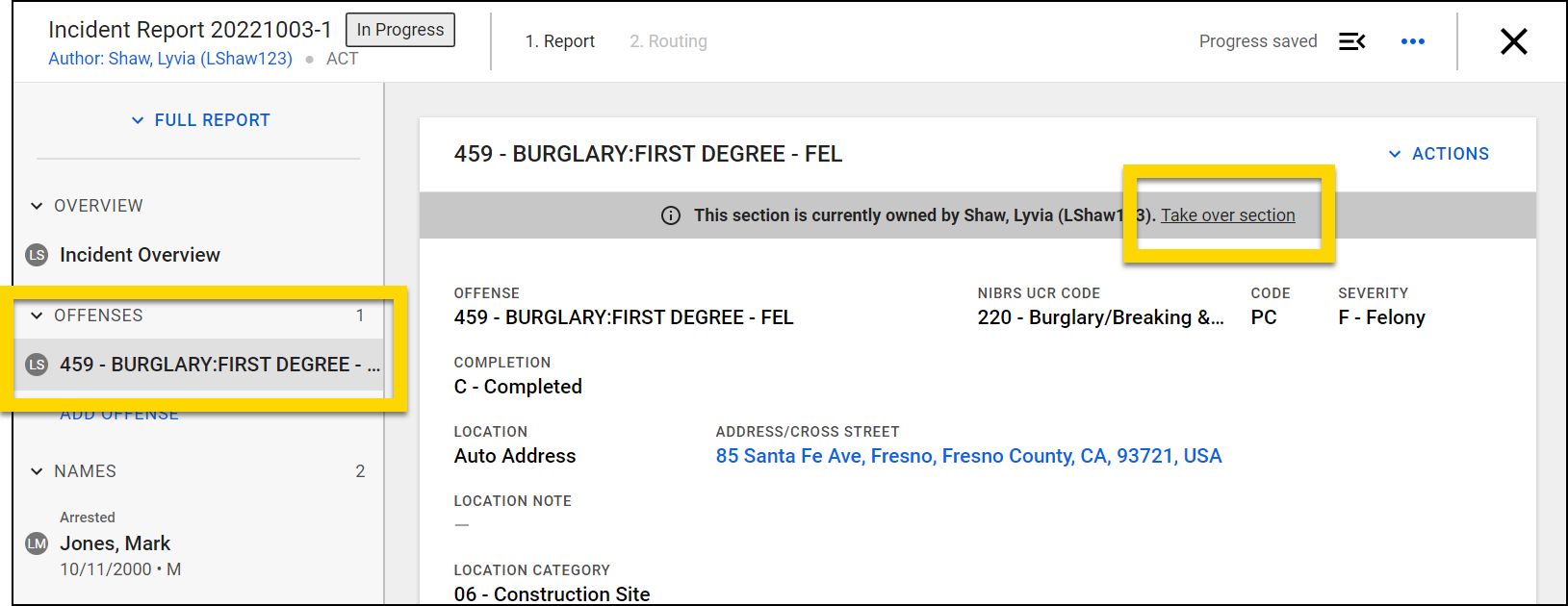 Shows how to take over a section of a report from another user.