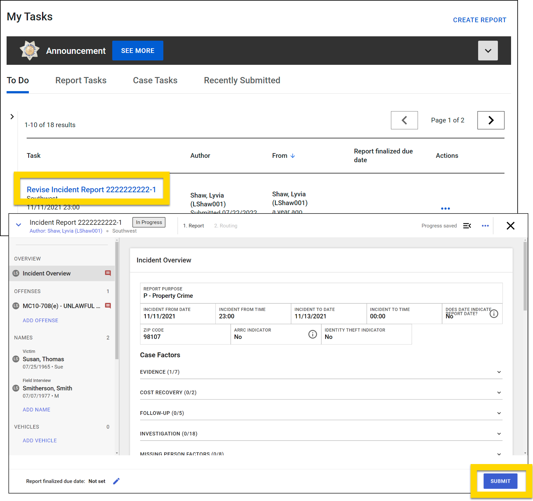 Shows how to revise and resubmit a report.