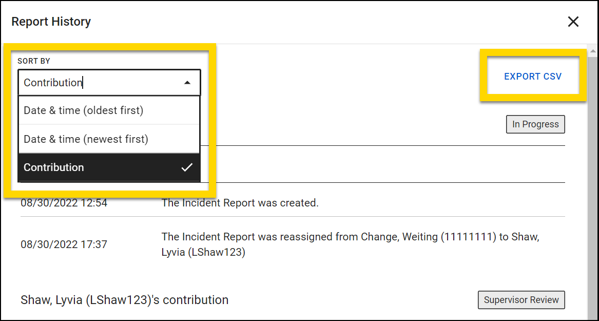 Shows how to view and change the sorting of the Report History window.