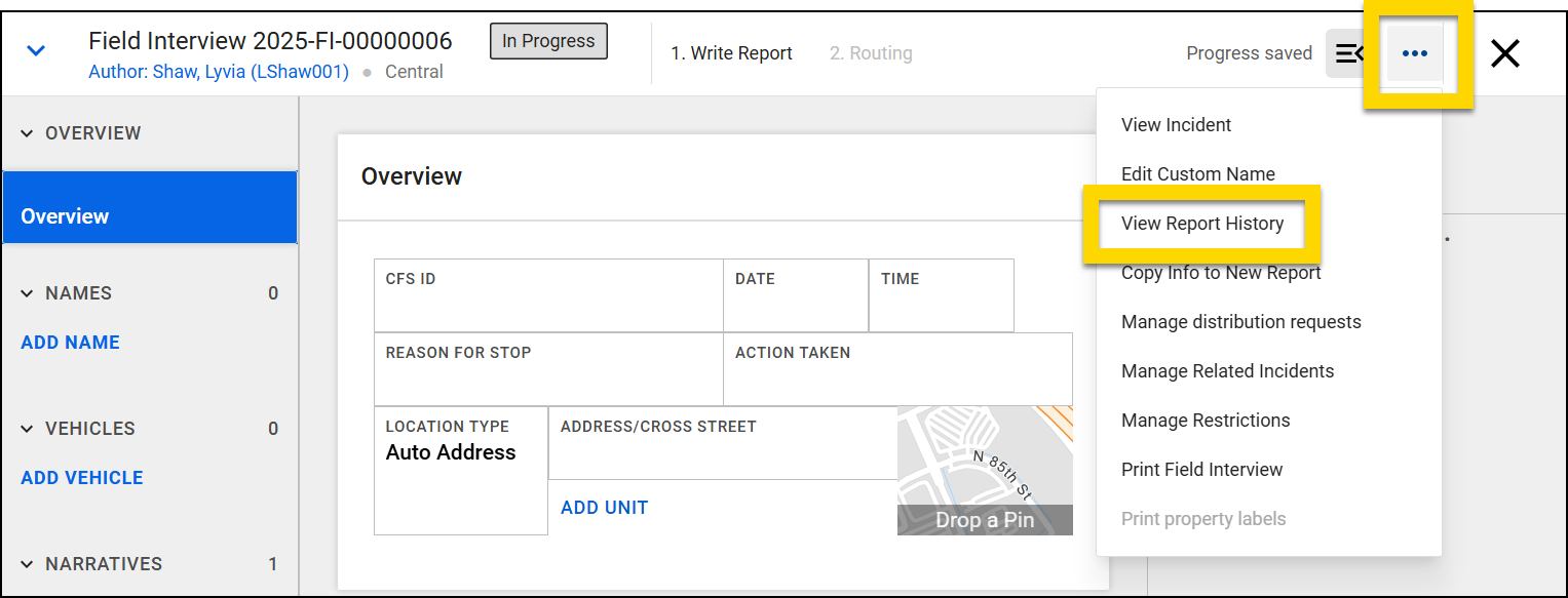 Screenshot showing where View Report History is found.