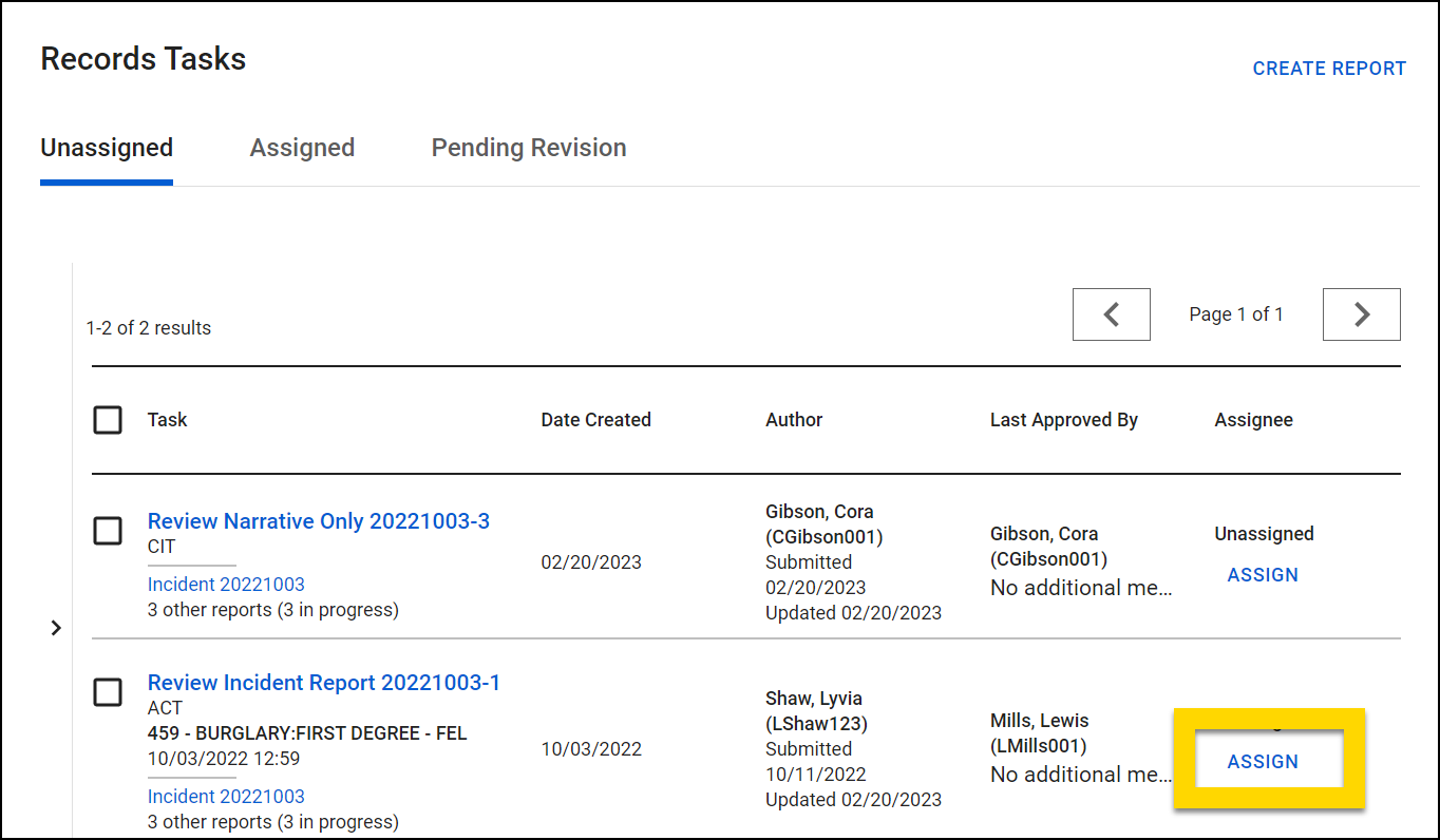 The image shows a Records Tasks inbox with a list of unassigned tasks. The highlighted yellow box emphasizes the Assign button in the Assignee column for one of the tasks. Each row in the inbox includes task details such as date created, author, last approved by, and status.