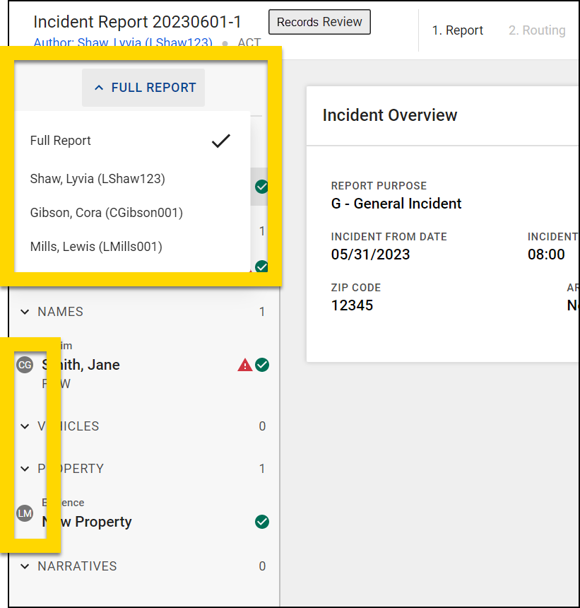 The image shows the Report Writer interface displaying a report under review. A dropdown menu, highlighted in yellow, allows the selection of different report views for each of the report contributors, including Full Report. The left panel lists report sections such as Names, Vehicles, Property, and Narratives, while the right panel provides an Incident Overview with key details like report purpose, incident date, and zip code.
