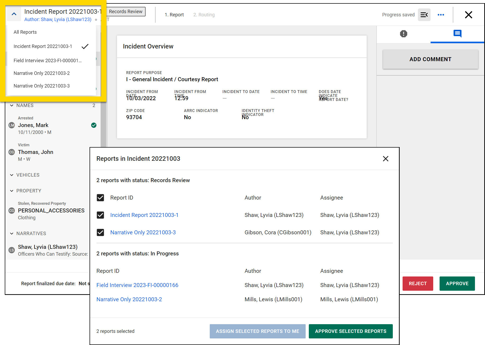 The image shows an incident report with multiple highlighted elements. The top left highlight emphasizes a dropdown menu listing different reports associated with the incident. The lower section displays a pop-up window listing reports under the same incident, categorized by status, with checkboxes for selection. At the bottom, there are options to assign, approve, or reject the selected reports.