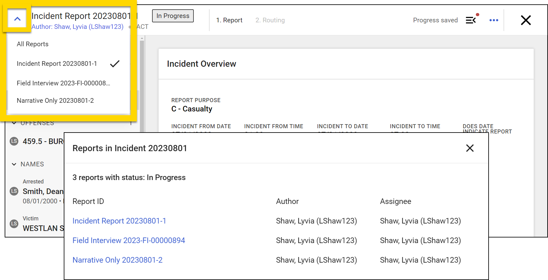 The image shows Report Writer with a report review in progress. The yellow highlight emphasizes a dropdown menu in the top left corner that lists multiple reports related to the same incident and a popup displaying details of all associated reports.