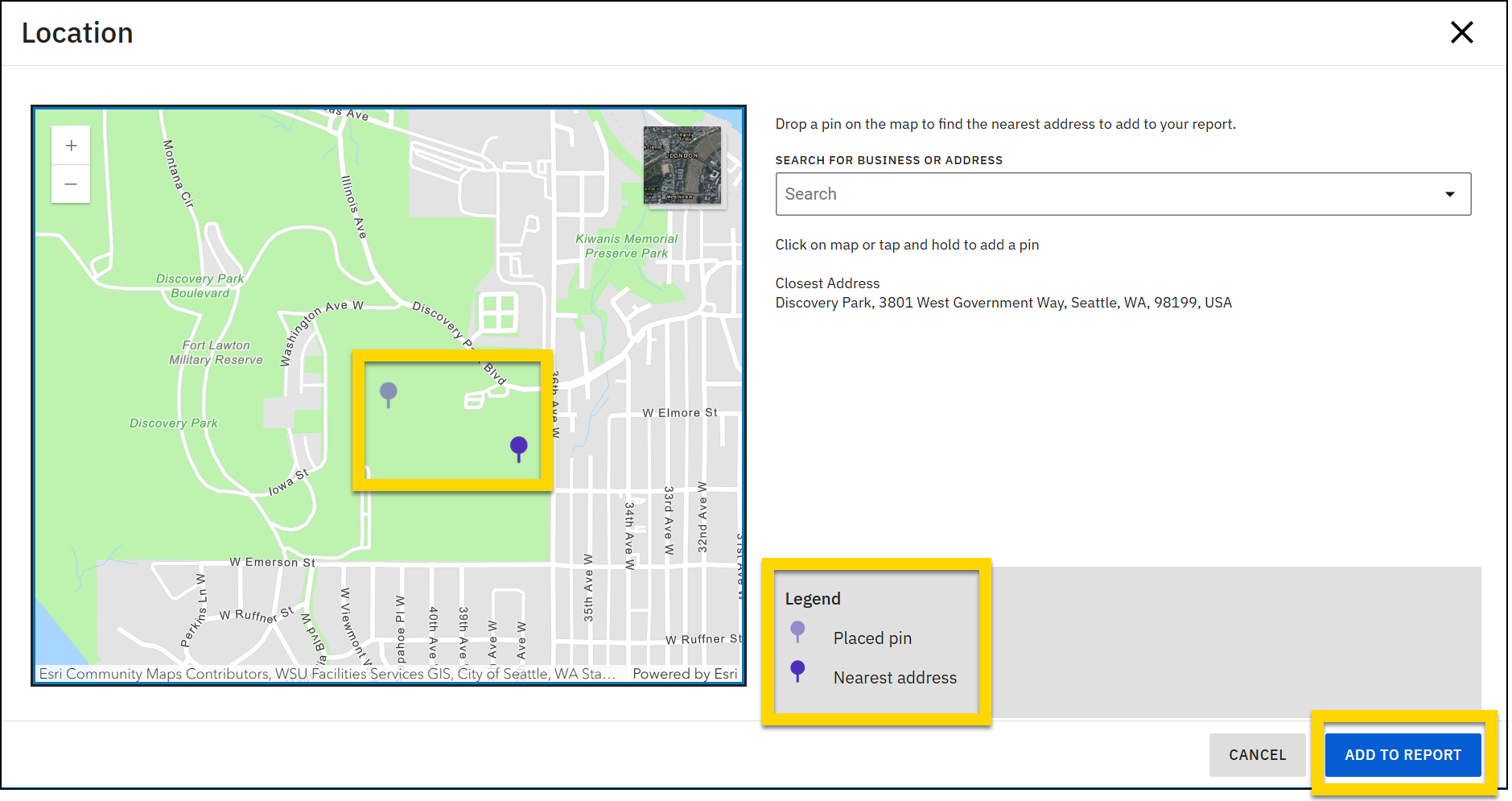 The image displays the location selection process, presenting a detailed map interface with options to place a pin and search for a business or address. The map includes zoom controls on the left and a legend on the bottom-right explaining the symbols for placed pins and nearest addresses. A highlighted Add to Report button is located at the bottom-right corner.