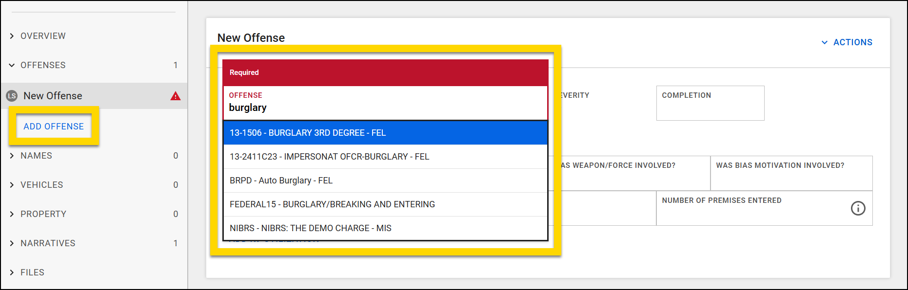 The screenshot shows the Report Writer interface with the Offenses section selected in the left navigation menu, displaying a New Offense entry. In the main report writing area, the Offense field, marked as required, is expanded to display a dropdown menu with multiple offense options, including specific codes and descriptions. Additional fields for Severity and Completion are visible.