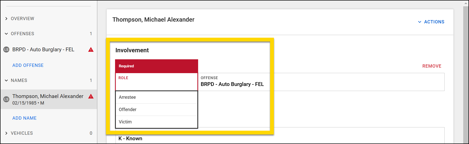 The screenshot shows the Report Writer interface with the Names section selected in the left navigation menu, displaying details for an individual. In the main panel, the Involvement section is shown, with a dropdown menu under Role, marked as required, offering options such as Arrestee, Offender, and Victim.