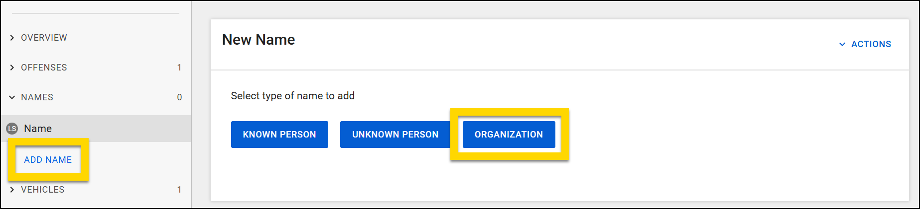 The screenshot shows the Report Writer interface with the Names section selected in the left navigation menu. The main panel displays the New Name form, prompting the user to select a type of name to add. One options is highlighted: Organization.