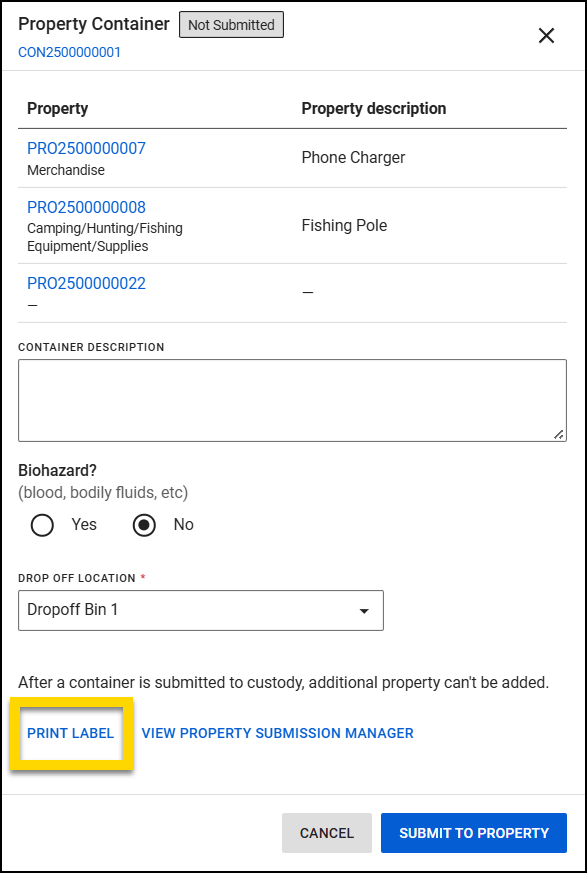 Screenshot showing the Property Container pane open with Print Label highlighted at the bottom.