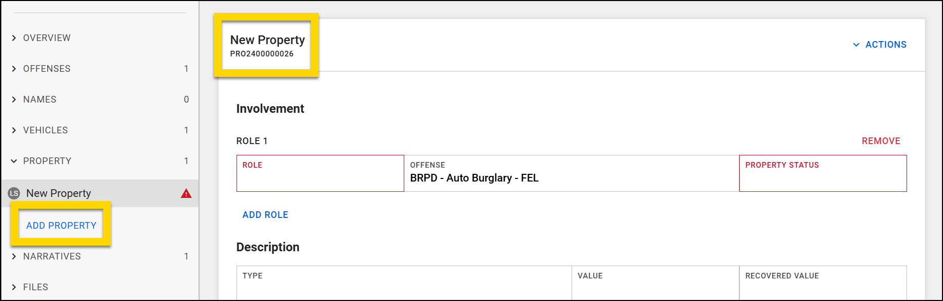 The screenshot shows the Report Writer interface with the Property section selected in the left navigation menu. A new property entry is being added, with a unique property ID displayed at the top. The central report writing area contains various fields for providing information about the item.