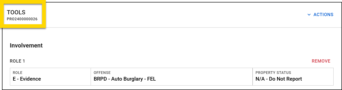 The image shows a property section of Report Writer. The property name and ID are highlighted in the top left corner. Below this, the Involvement section is displayed.