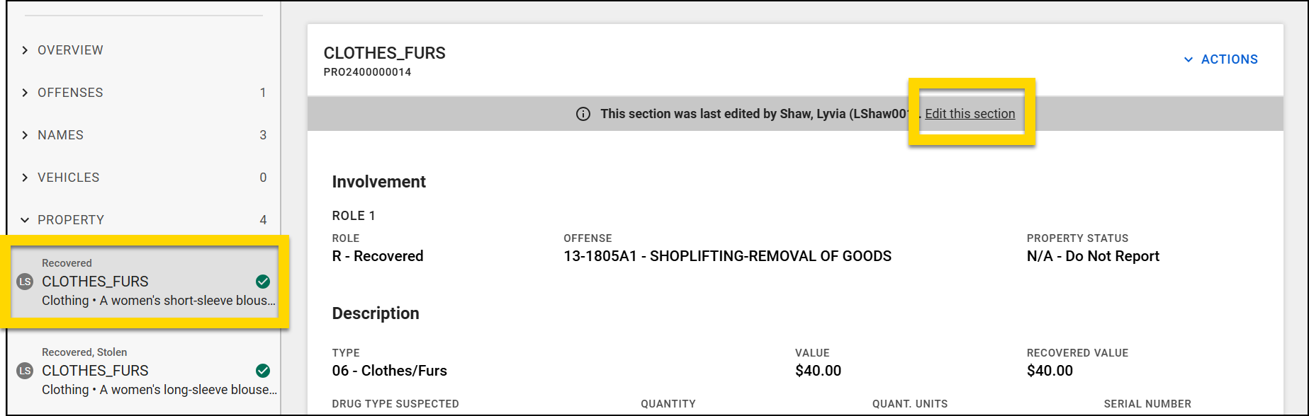 The image shows a section of the Report Writer interface. A property item is highlighted in the left menu. The main section displays the item's details. A gray banner notes the last editor with an Edit this section link highlighted.