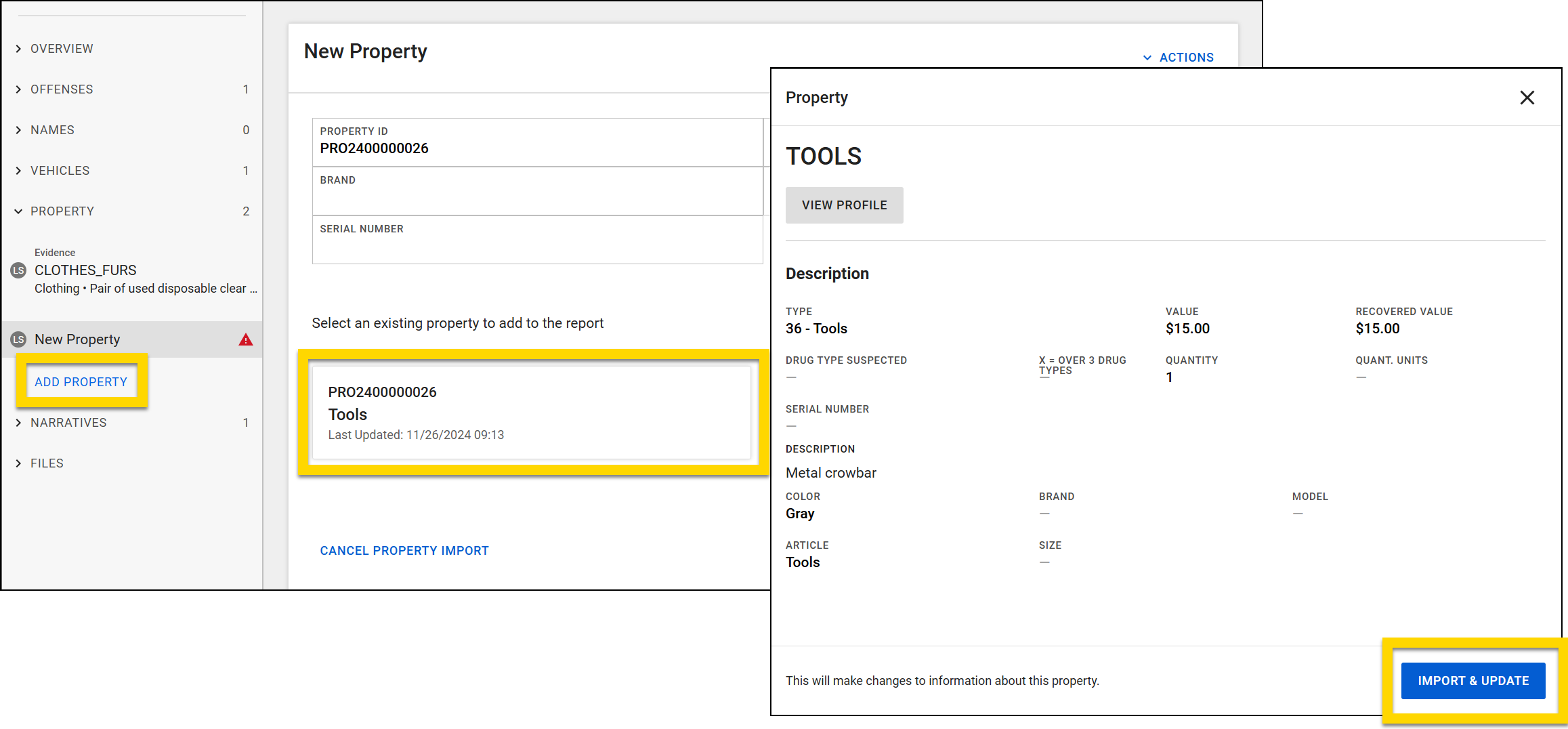 The image shows a property item ready to be imported into a report.