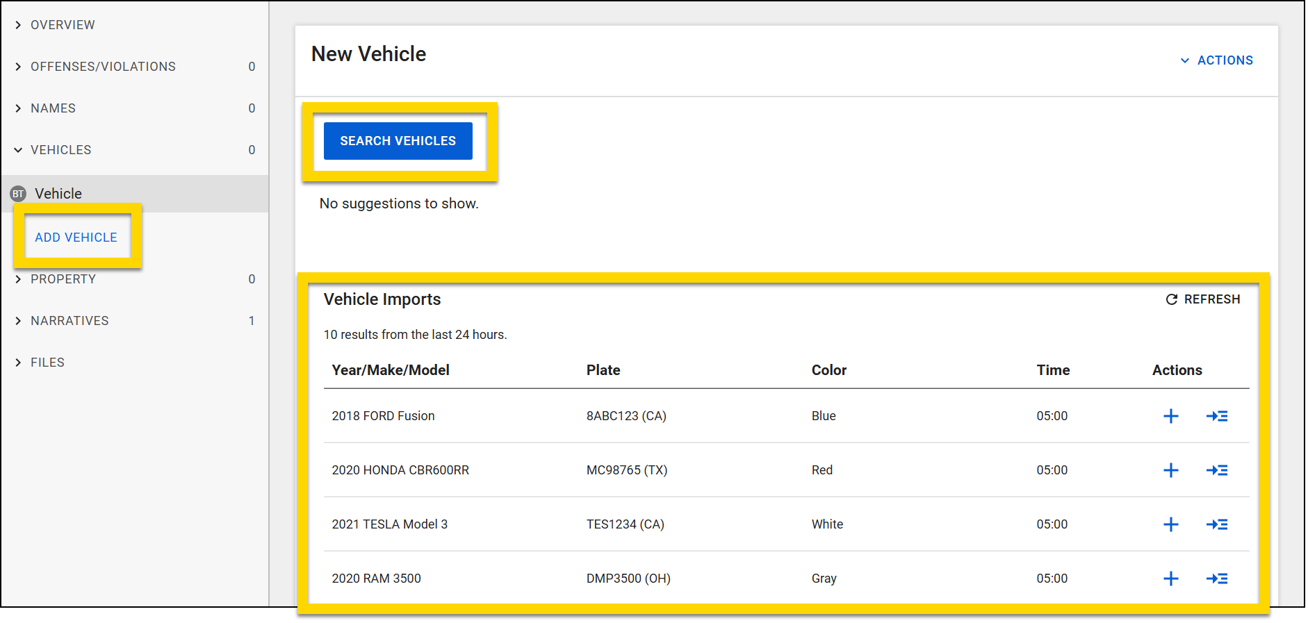 The image shows the New Vehicle screen in Report Writer. A yellow highlight emphasizes the Add Vehicle button in the left panel, the Search Vehicles button at the top of the main panel, and the Vehicle Imports section below. The table displays recently imported vehicles with columns for year, make and model, plate, color, time, and actions.