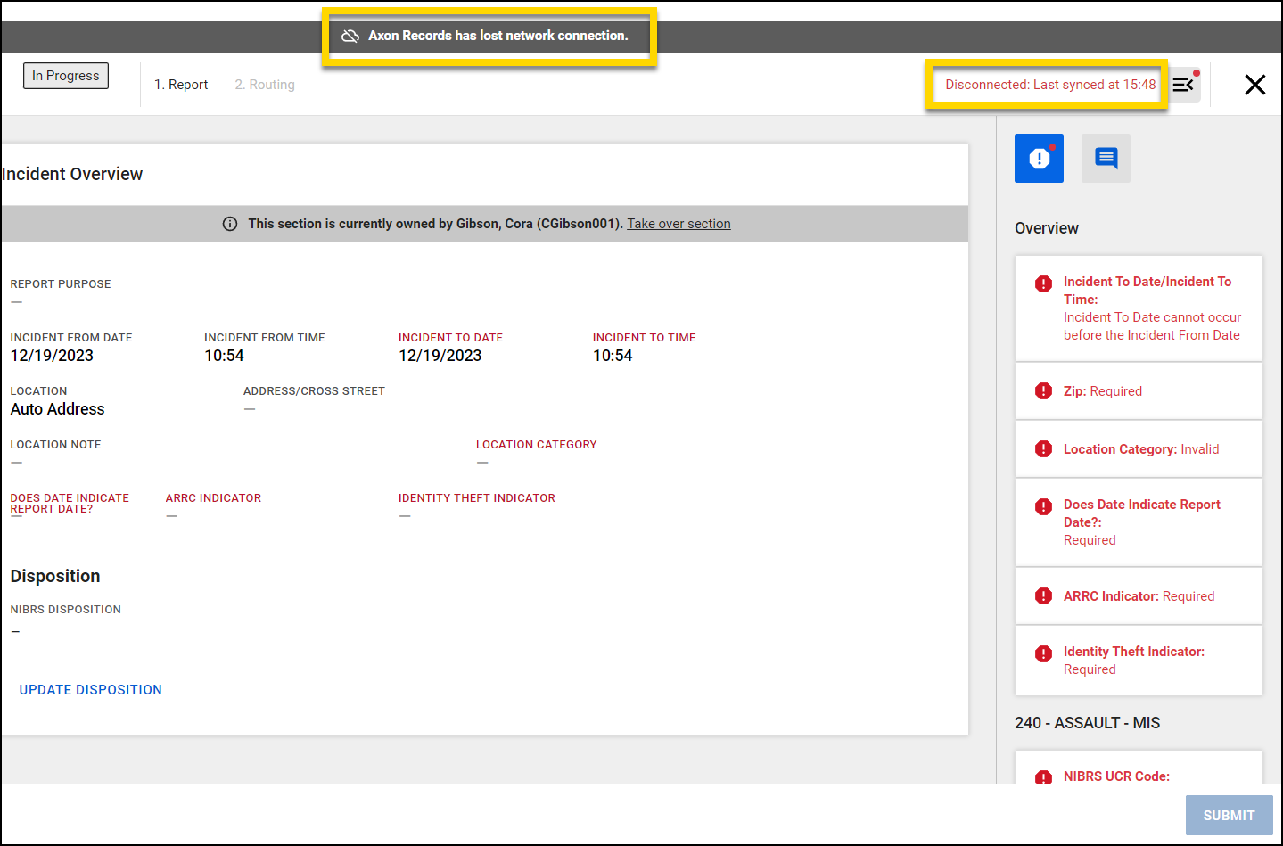 Screenshot showing the lost network connection banner and disconnected status.