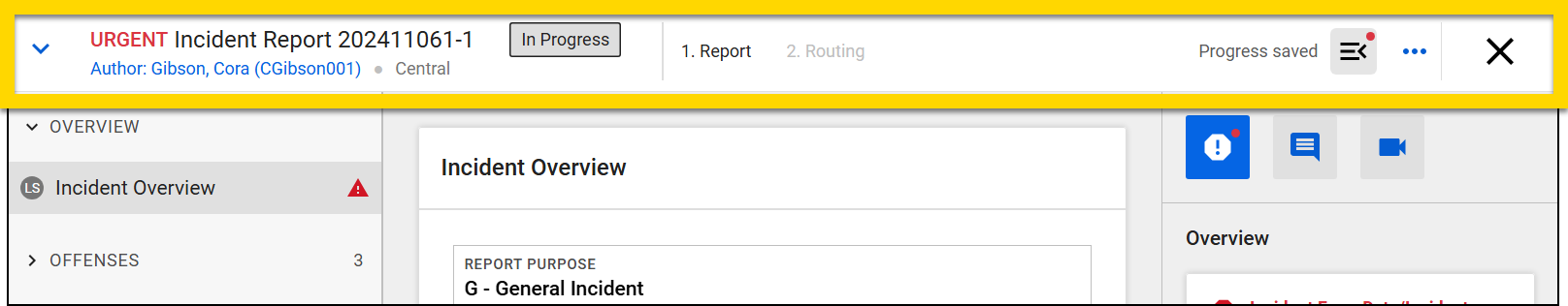 The screenshot shows the Report Writer interface with an urgent report in progress. The top header is highlighted with a yellow box. It displays the report's title, author, and status, with options for saving progress, accessing menus, and exiting. The left navigation menu lists various sections. The main panel shows the Overview section with required fields. On the right, the sidebar lists errors related to missing required fields.