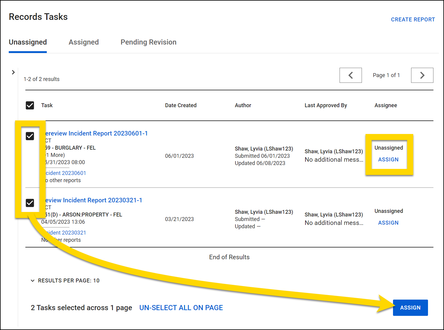 Shows how to bulk assign tasks in the Records Tasks inbox.