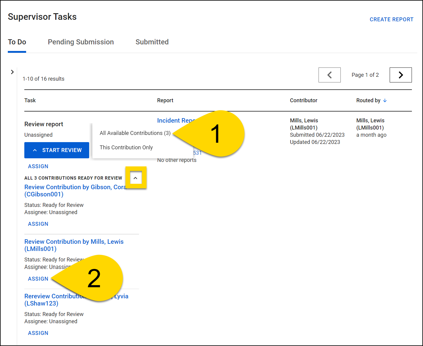 Shows how to assign all unassigned contributions for review at the same time.