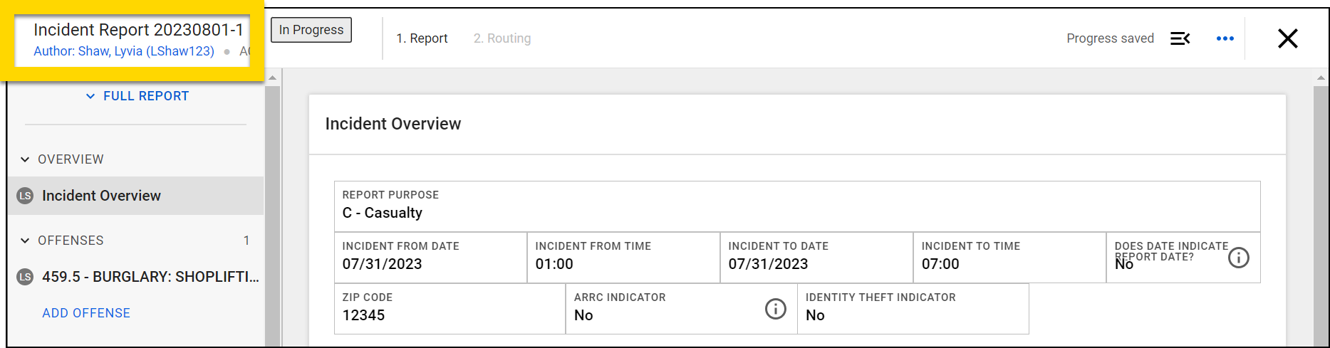 Shows how to find the author of a report.