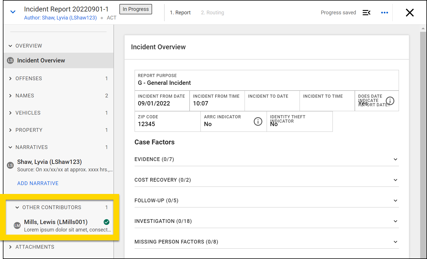 Shows the green checkmark that appears on narratives for reassigned contributions.