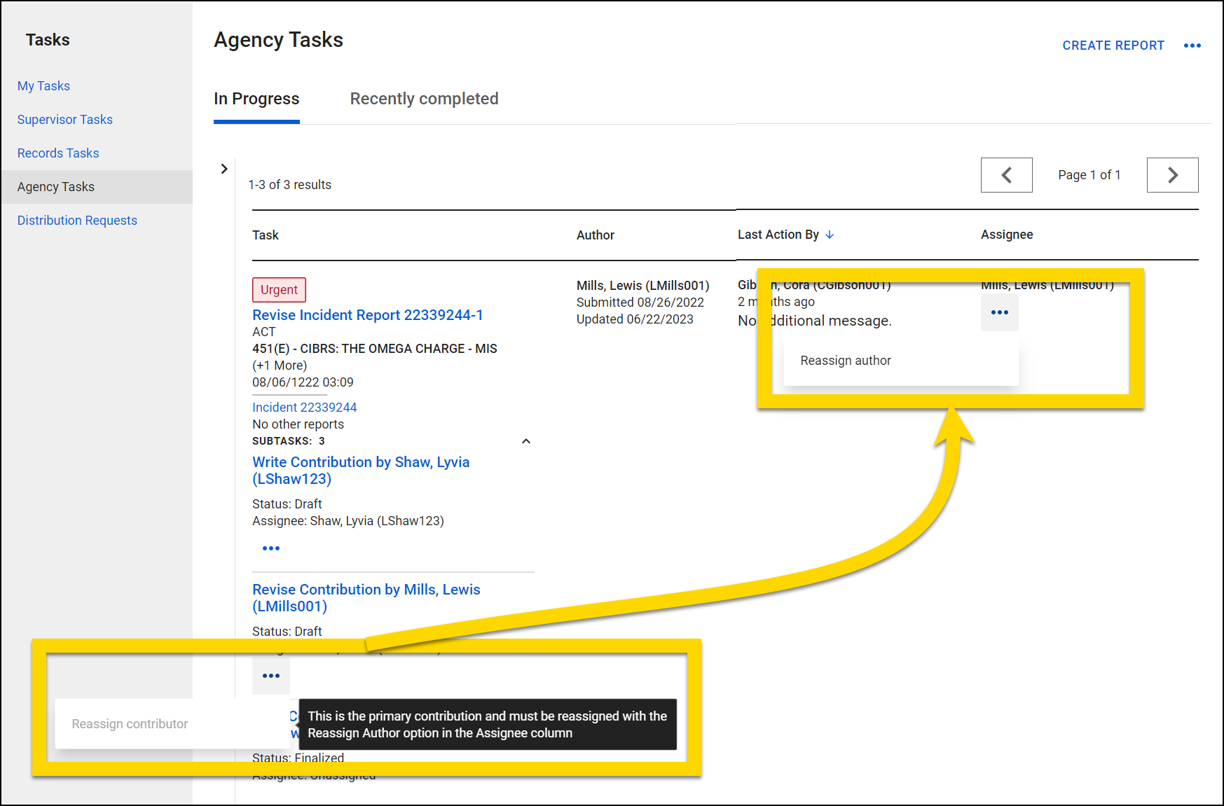 Shows how the contribution that belongs to the report author must be reassigned with the Reassign author action.