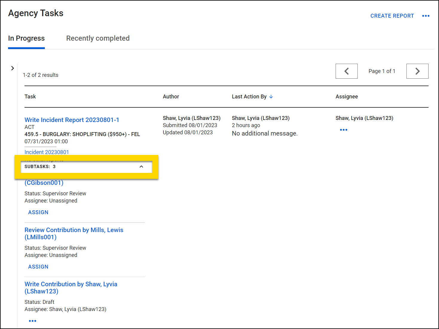 Shows how to view all subtasks that belong to an incident report.