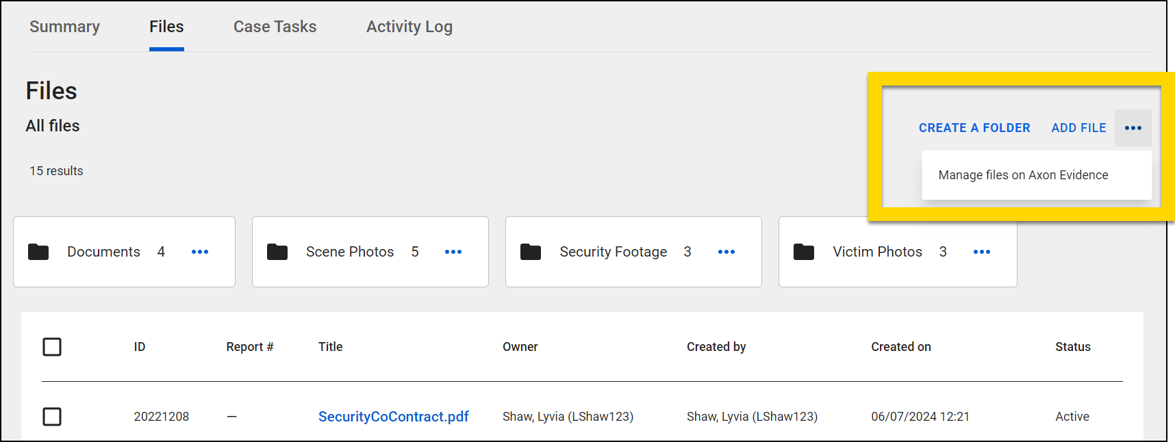 The screenshot displays the Files tab with folders, showing file counts for each category. Below the folders, a table lists files with details like ID, title, owner, creation date, and status. In the upper-right corner, the More Actions menu is expanded with the Manage Files on Axon Evidence option highlighted.