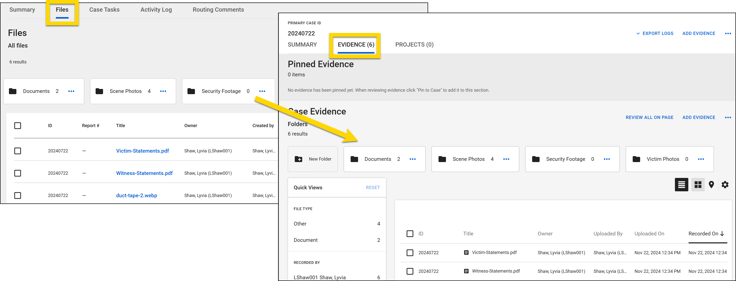 The image shows two layered screenshots. In the left screenshot, the Files tab is selected, displaying categorized folders such as Documents, Scene Photos, Security Footage, and Victim Photos, with a table listing file details below. In the right screenshot, the Evidence tab in Axon Evidence is highlighted, showing the same folders. A yellow arrow connects the Files tab to the Evidence tab, emphasizing their relationship.