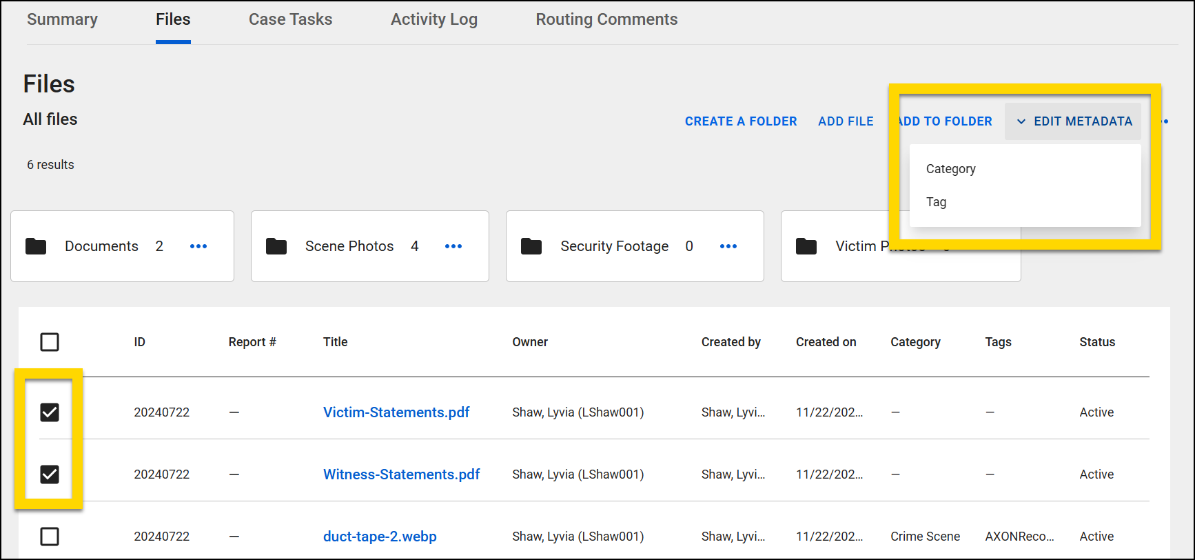 The screenshot shows the Files tab containing multiple folders and files. Two files are selected, highlighted by a yellow box. In the upper-right corner the Edit Metadata menu is expanded to show options for category and tag.