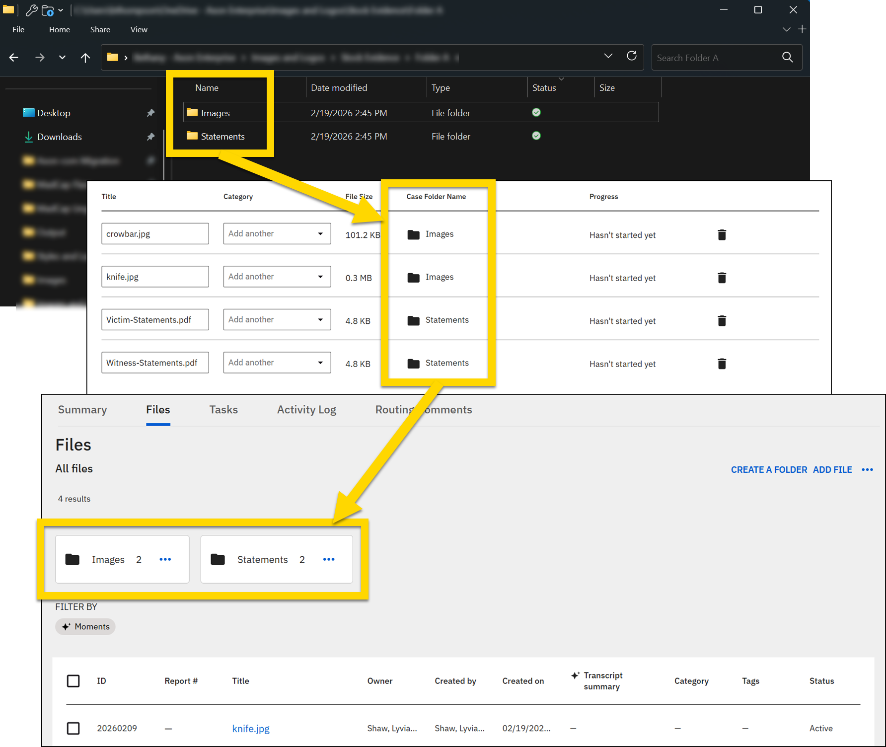 The image shows three layered screenshots. The top screenshot displays a file explorer window with folders named Images and Statements under the Evidence directory. The middle screenshot shows the Upload Files tab, listing files with columns for title, size, case folder name, and progress. Yellow arrows connect the files to their respective folders in the third screenshot. This bottom screenshot shows the Files tab, displaying folders named Images and Statements with their file counts.