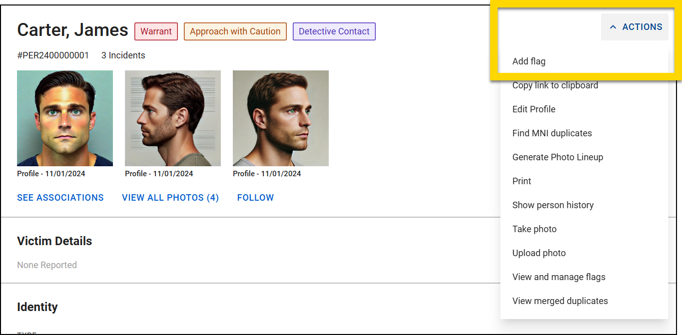 The image shows a profile page for an individual with a name and three profile photos. To the right, the Actions menu is expanded, with the Add Flag option options highlighted in yellow.
