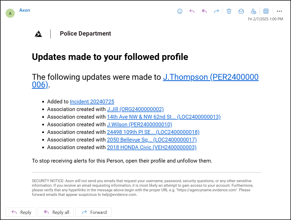 Example of email message sent when a change is made to the profile.