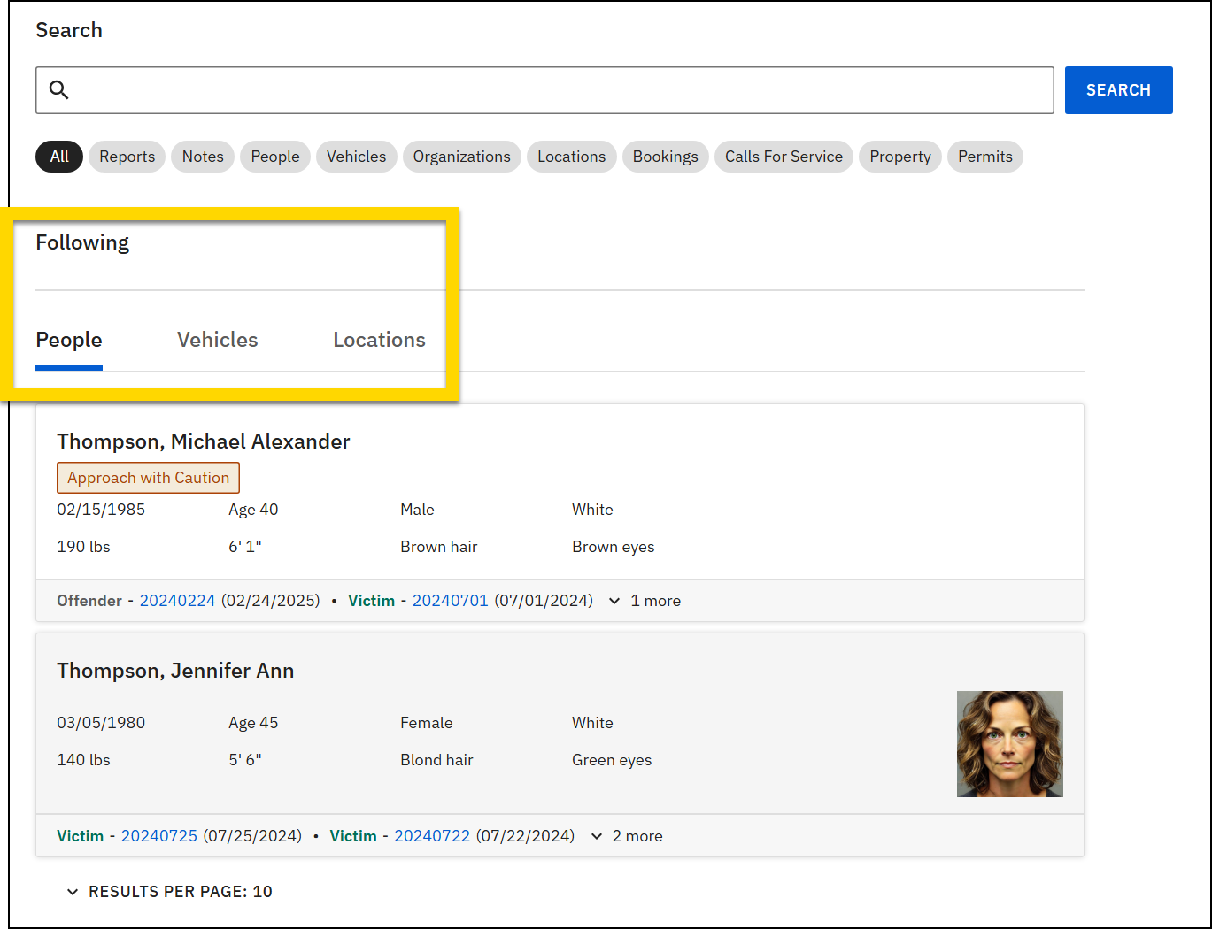 The image shows a Followed Profiles page displaying a list of followed individuals. The navigation menu on the left includes a highlighted search icon and a Followed Profiles section. The top of the page has tabs for People, Vehicles, and Locations, with the People tab selected. Each profile entry displays details such as name, age, gender, physical description, and associated incidents.