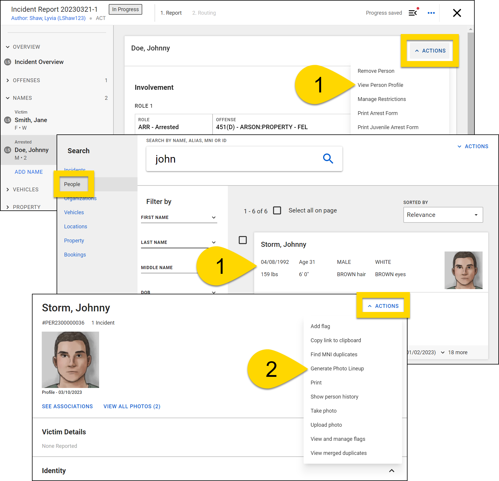 Shows how to open a person profile and start creating a photo lineup.