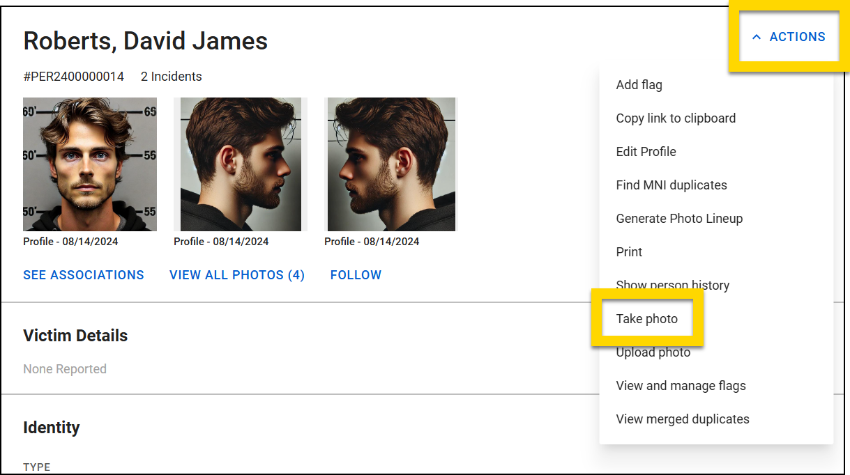 The image shows a profile for an individual. The Actions menu is open in the top right corner, with the Take photo option highlighted in yellow.
