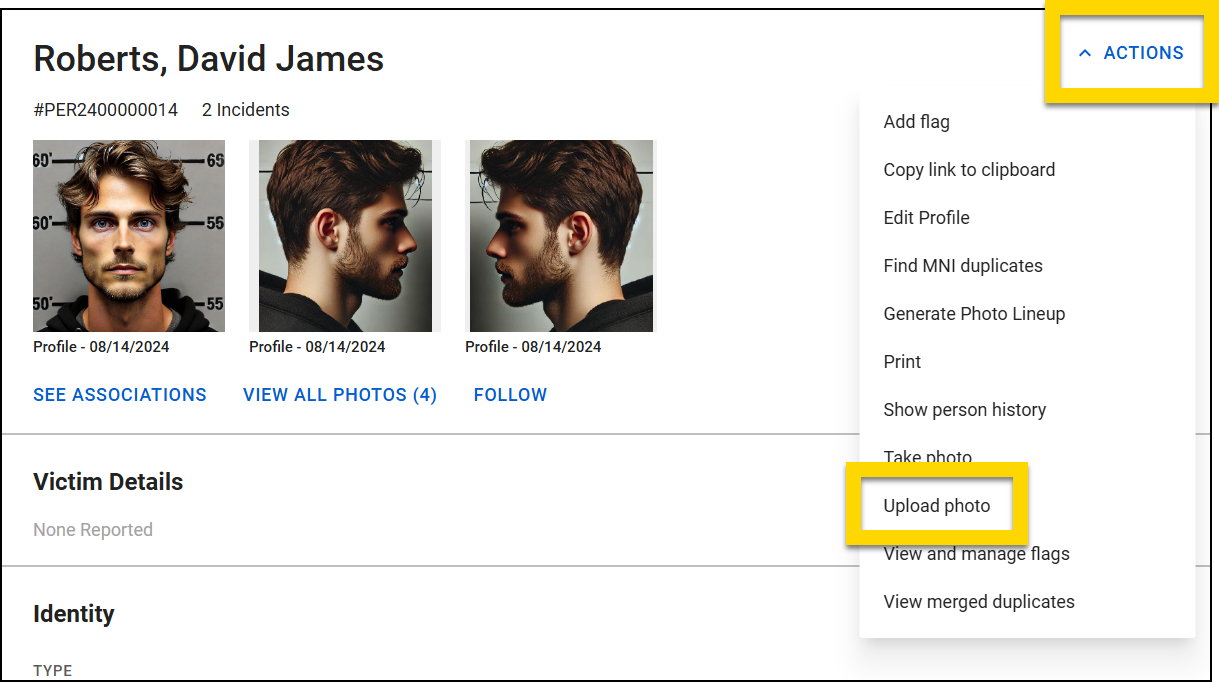 The image shows a profile for an individual. The Actions menu is open in the top right corner, with the Upload photo option highlighted in yellow.