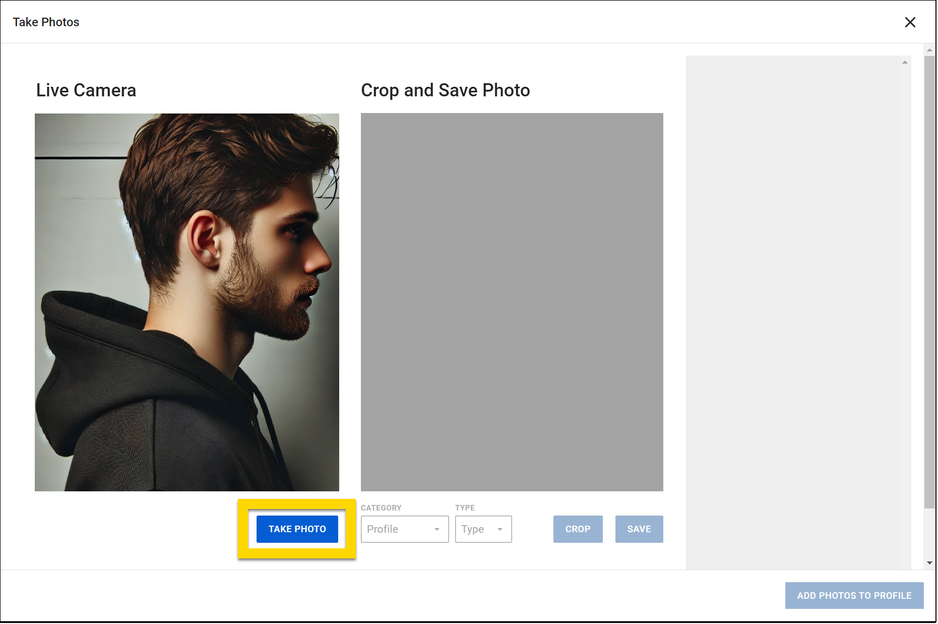 The image displays the Take Photos screen with two sections: Live Camera on the left, showing a side-profile image of an individual, and Crop and Save Photo section on the right, currently blank. Below the Live Camera section, the Take Photo button is highlighted in yellow.