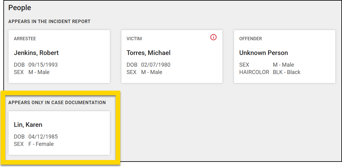 The image shows a section titled People with two categories of individuals: Appears in the Incident Report and Appears Only in Case Documentation. The first category lists three individuals. The second category, highlighted with a yellow border, contains a single entry.