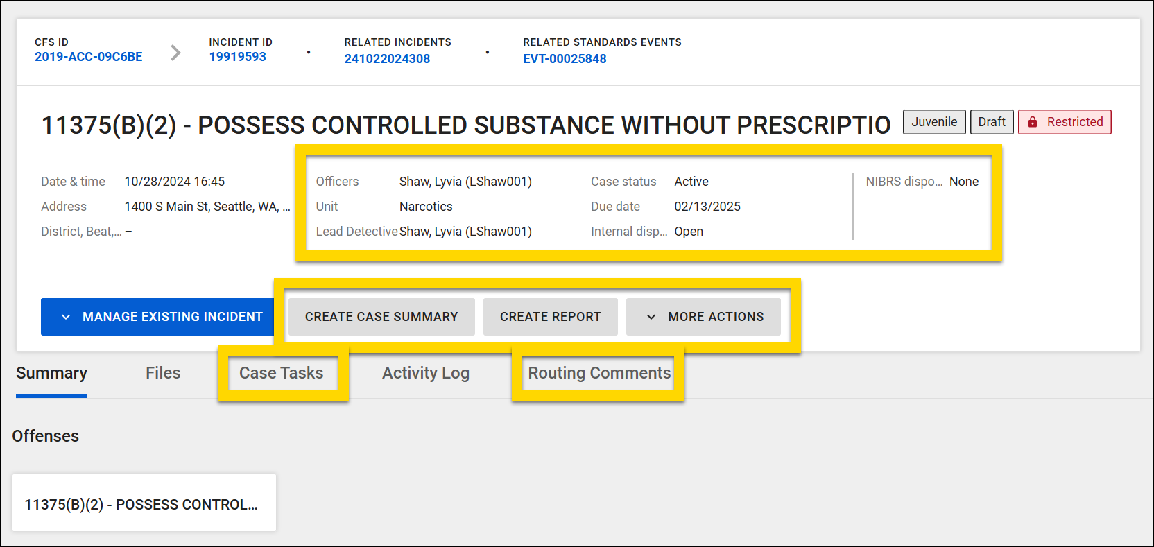 Shows the new information that appears on an incident profile when a case is created.