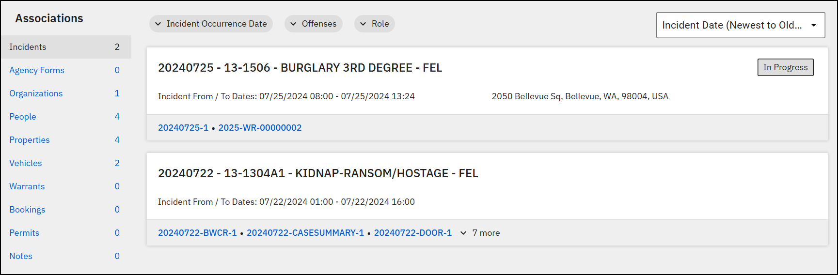 The image shows an Associations section with the Incidents category selected and two incidents listed in the main section. Each incident displays a date, offense type, time range, and location, with additional linked records shown below. Filter buttons appear at the top, and a dropdown menu allows sorting by incident date.