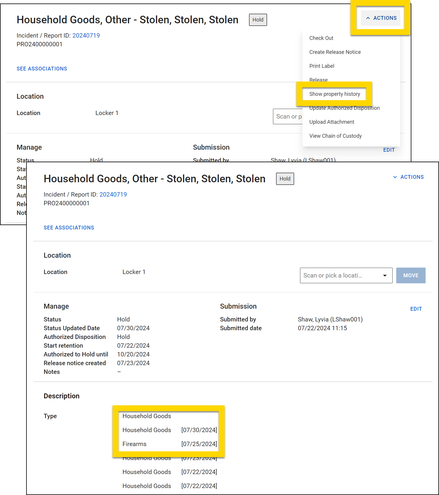 Shows how to view an item's description history.
