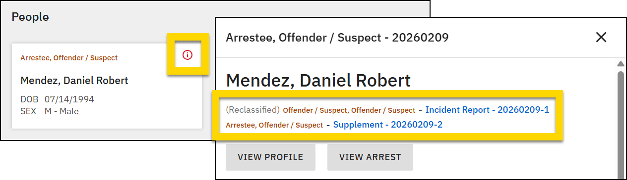 The image shows two layered screenshots. The screenshot on the left shows the People section and displays a card for a victim. A yellow-highlighted information icon is positioned at the top right of this card. The second screenshot on the right shows a detailed view the person. This view includes a yellow-highlighted area showing two links: one marked as Reclassified Offender with a Supplement ID, and the other labeled as Victim with a separate Supplement ID.