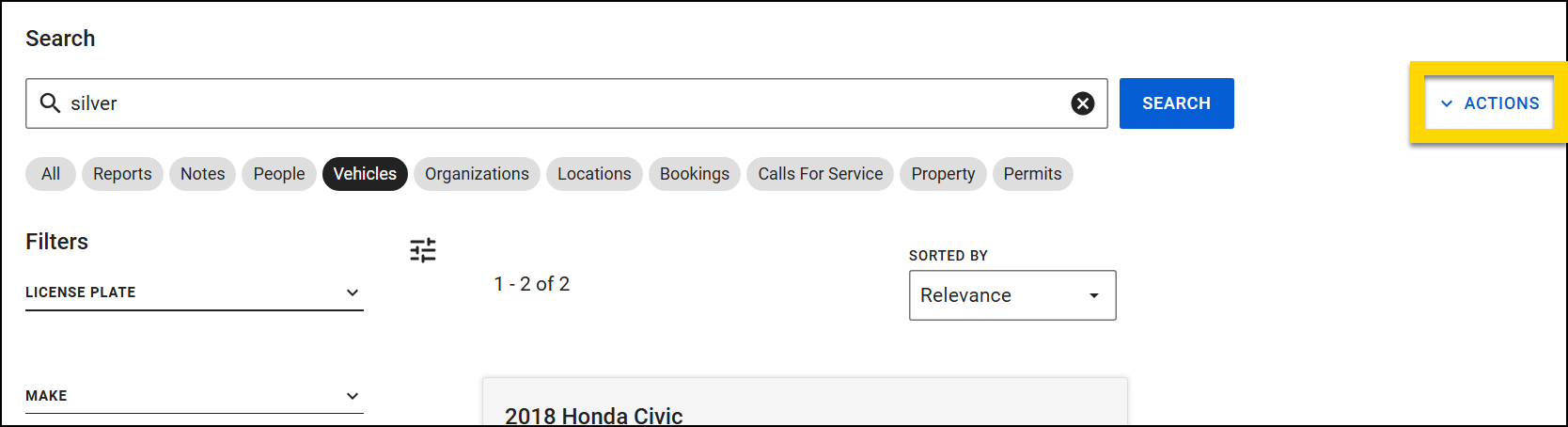 The image shows the Search module with the Vehicles category selected. A yellow highlight outlines the Actions menu in the top corner.