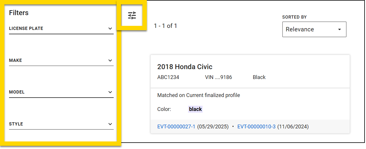 The image shows the Search module with the Vehicles category selected. A yellow highlight outlines the Filters list and filter icon that appears beside the search result.