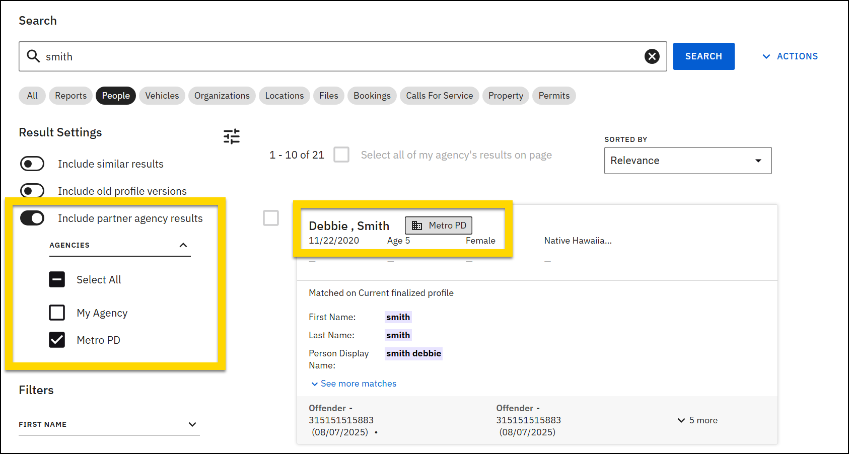Search screen showing result settings, profile details, and agency selections.