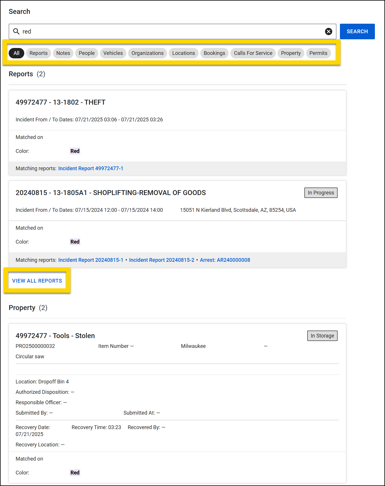The image shows the Search module. A yellow highlight outlines the filter category buttons below the search bar and the View All button further down the page within one of the search categories.